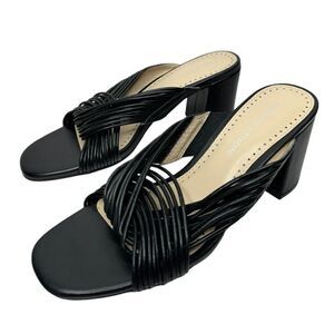 Adrienne Vittadini Sandals Size 7 Black‎ Slip On Open Toe Block Heel Mules